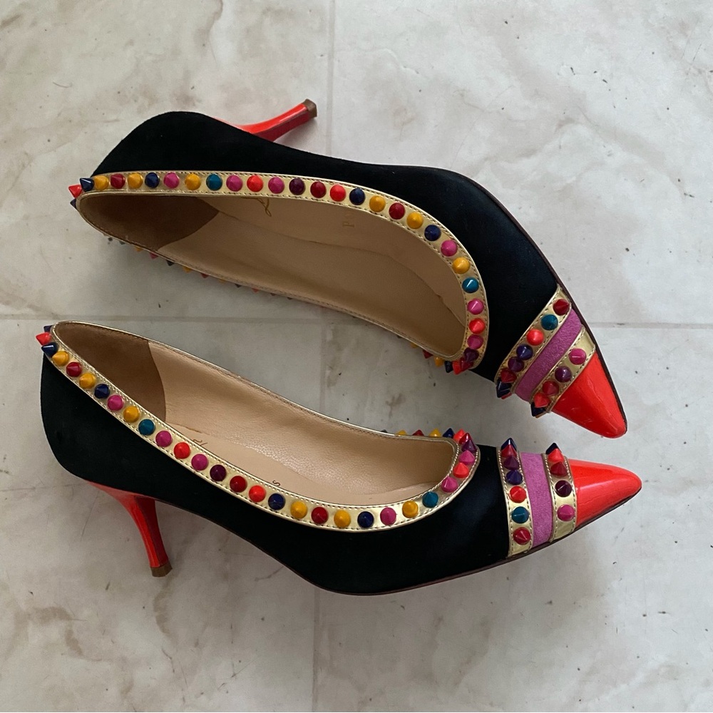 Christian Louboutin Multicolor Suede Leather Malabar Hill Spiked Pumps Heels 9 - Picture 2 of 13